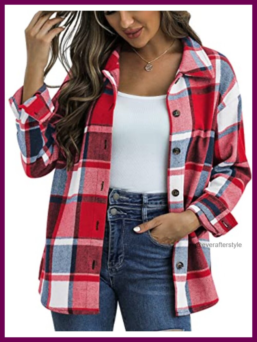 Women's Plaid Flannel Shacket Button Down Shirt Jacket Long Sleeve